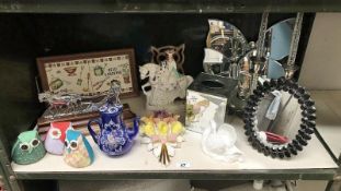 A mixed lot including mirrors, china swan, Staffordshire figure, blue glass teapot etc.