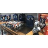 A Dr Who limited edition Cyberman bust, 2 Titan figures, 2 Tardis money boxes,