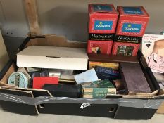 A box of miscellaneous items including boxed sparklets, soda syphons, wooden train etc.