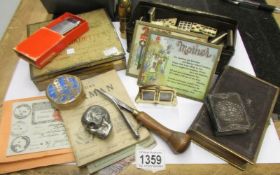 A mixed lot including dominoes, cigarette silks, silver fronted bible, WW2 ephemera,