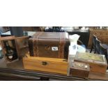 A quantity of wooden boxes and contents including military buttons, microscope etc.