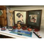 A Japanese picture screen , 2 wooden dolls, toothpick holders, paper mache trays etc.