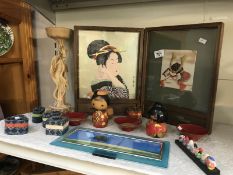 A Japanese picture screen , 2 wooden dolls, toothpick holders, paper mache trays etc.
