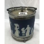 A Wedgwood jasper ware biscuit barrel with EPNS lid and base.