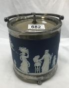 A Wedgwood jasper ware biscuit barrel with EPNS lid and base.