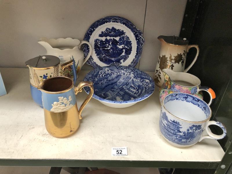 5 assorted jugs and 3 items of blue and white including Spode.