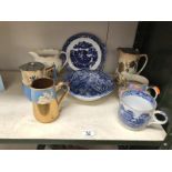 5 assorted jugs and 3 items of blue and white including Spode.