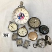 A box of pocket watches and strapless wrist watches.