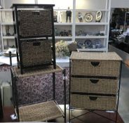 2 wicker and metal sets of drawers and 1 other.