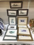 A quantity of framed and glazed prints of vintage cars, planes etc.