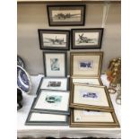 A quantity of framed and glazed prints of vintage cars, planes etc.