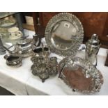 A quantity of silver plate including tea set, cocktail shaker, trays, egg cup set etc.