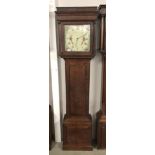 An oak cased 30 hour long case clock with square painted dial decorated with birds, 'Hargreaves,
