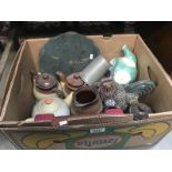 A box of miscellaneous items including chicken door stop, slate door stop, pewter tankard etc.