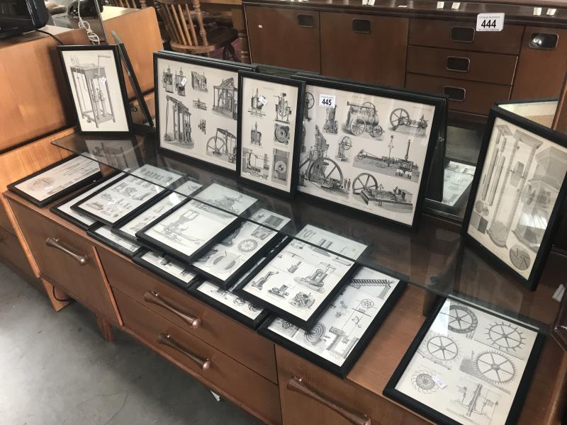 A quantity of framed and glazed engravings of steam engines and machinery parts.