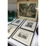 4 coloured engravings of Lincolnshire landmarks (1 no glazing) and a print 'Pheasant Shooting II'.