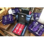 4 fine boxed Edinburgh crystal glasses, 2 sets of 4 crystal glasses and a pair of French glasses.