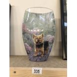 A large art glass vase depicting a Yorkshire terrier.