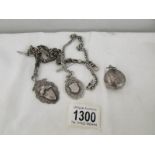2 silver pocket watch chains with fobs and a silver coin case.