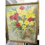 A 20th century British school oil on board still life flowers in a vase with indistinct signature.