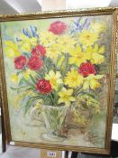 A 20th century British school oil on board still life flowers in a vase with indistinct signature.