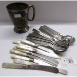 9 butter knives with silver collars, 6 forks and 8 spoons with B.O.A.