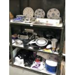 3 shelves of kitchenware including blue and white, metal ware etc.