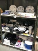 3 shelves of kitchenware including blue and white, metal ware etc.