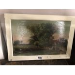 A 19th century oil on canvas tree and cottage by pond, unsigned.