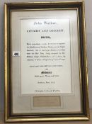 A framed and glazed certificate of business for John Walker.