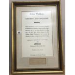 A framed and glazed certificate of business for John Walker.