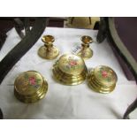 3 dressing table cosmetic pots and a matching pair of candlesticks.