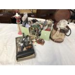 A large box of costume jewellery, watches, and a jewellery stand etc.