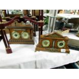 2 oak mantel clocks with barometers and thermometers.