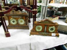 2 oak mantel clocks with barometers and thermometers.