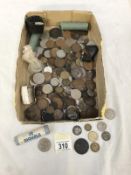 A mixed lot of old British (pre-decimal) and foreign coins - some coins in bank rolls.