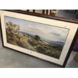A framed & glazed print of a hillside farm (original was by Rex N. Preston).
