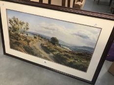 A framed & glazed print of a hillside farm (original was by Rex N. Preston).