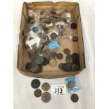 A small box of pre-decimal British coins (mostly farthings) and a few foreign coins.