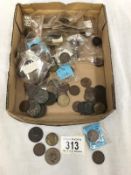 A small box of pre-decimal British coins (mostly farthings) and a few foreign coins.