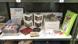 A quantity of railway related items including DVDs, books, coasters, cards, a model etc.