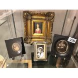 A silver photo frame and 3 framed miniatures.