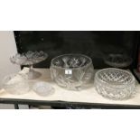 A large cut glass bowl, 3 other bowls and 2 cake stands.