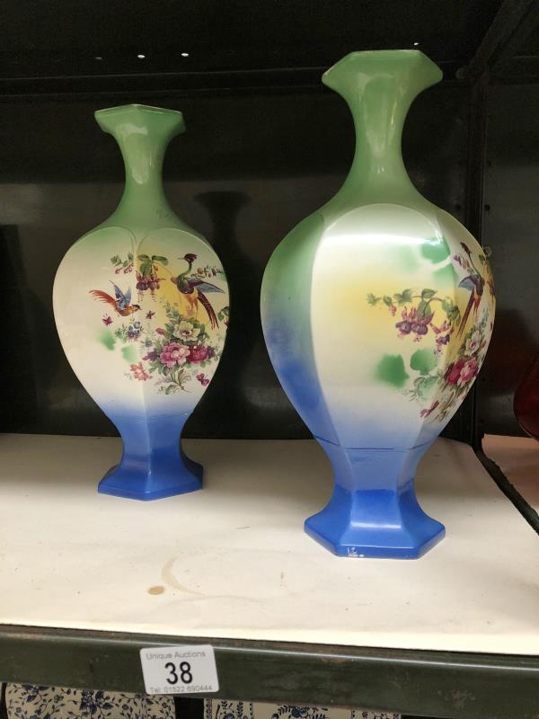 A pair of bird decorated vases.