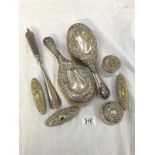 A mixed lot of silver and silver plate dressing table items including brushes, nail buffer etc.