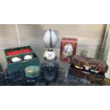 2 boxes of pairs of Chinese stress balls, decorative musical faberge style egg etc.