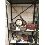 2 shelves of miscellaneous items including cameras, clocks, carved box, pewter coffee pots.