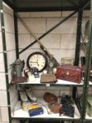 2 shelves of miscellaneous items including cameras, clocks, carved box, pewter coffee pots.