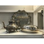 A silver plate tray, teapot and tureen.
