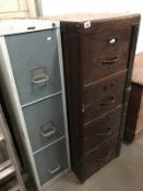 2 old filing cabinets - 1 metal 3 drawer and the other a wooden 4 drawer.